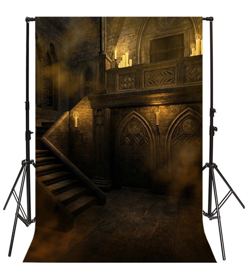 AOFOTO 6x8ft Gloomy Gothic Medieval Vintage Room Backdrop Scary Halloween Night Photography Background Vampire Ghost Party Decorations Haunted House Interior Stone Wall Stairway Photo Studio Props - Image 4